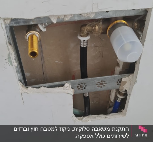 צנרת מים עם מחברים בקיר פתוח